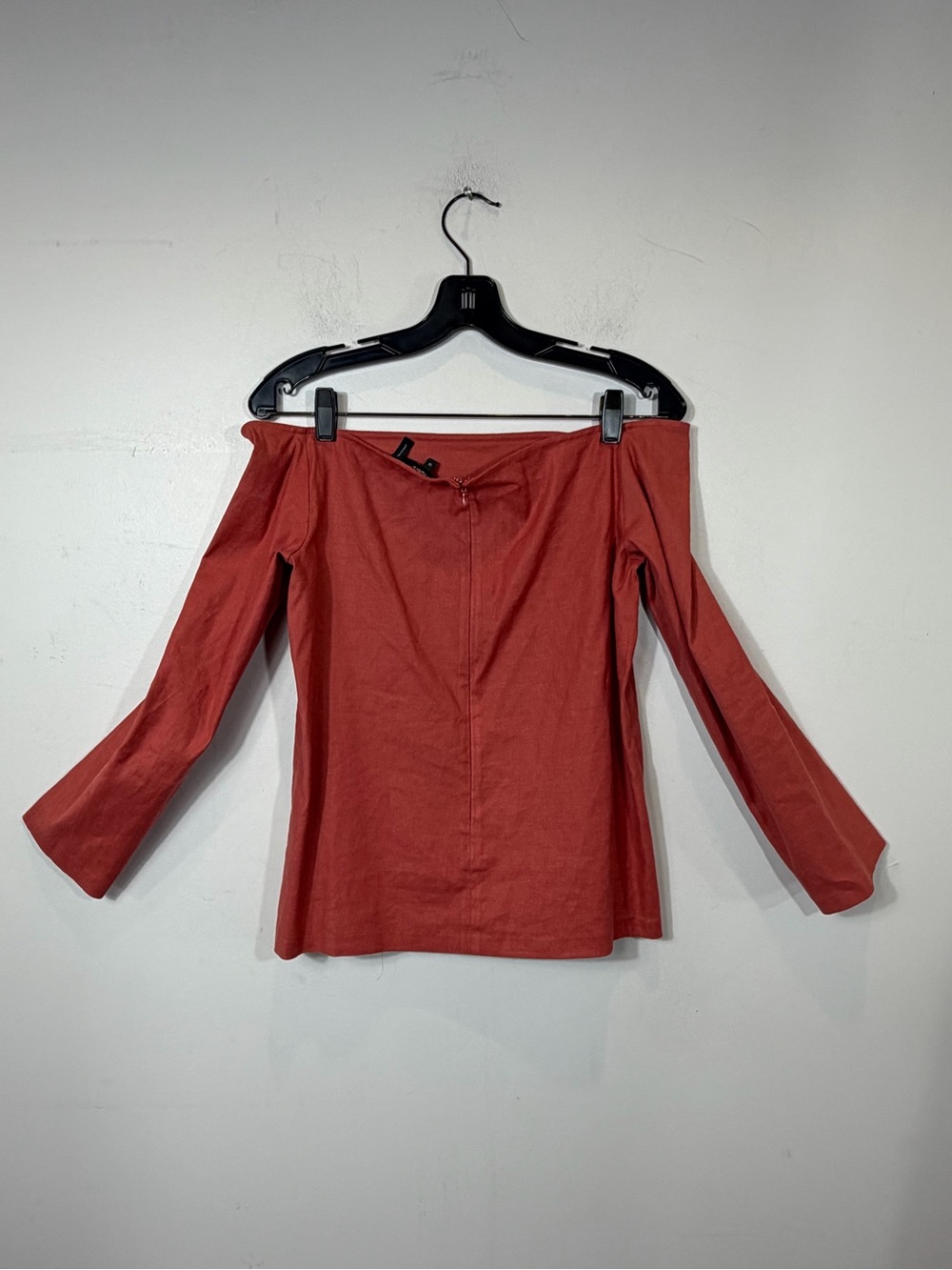 Theory Aprine Off Shoulder Linen Blend Top Medium Coral Pink Zip Back - Picture 3 of 7